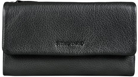 STILORD Lena Aufklappbare XL Geldbörse Damen Leder Portemonnaie Groß Viele Kartenfächer Geldbeutel Weiches Echtleder Damengeldbörse RFID Geldtasche mit Zwei Münzfächer Farbe:schwarz
