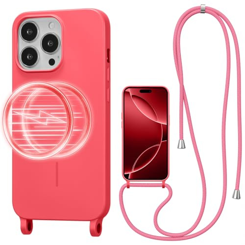 UCASONG Magnetic Case for iPhone 16 Pro Max with Lanyard, Hot Pink | Compatible with MagSafe, Crossbody Liquid Silicone Case, Soft Shockproof Protective Cover, with Adjustable Neck Cord Strap