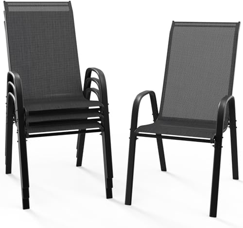 Bonnlo Gartenstühle Stapelbar 4er Set, Outdoor-Essstühle, Hochlehner Stapelstühle Wetterfest mit Atmungsaktivem Textilene, Robustes Metallgestell, für Balkon, Terrasse & Garten, bis 180 kg, Schwarz