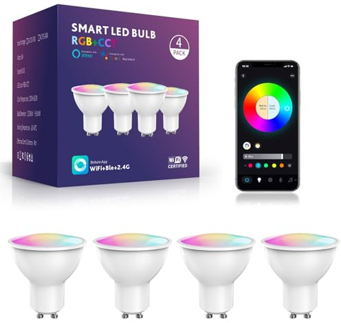 POIUYTO Gu10 smart led Glühbirne, Smart home Alexa Zubehör, Sprachsteuerung Funktionieren mit Alexa, Google Assistant, WLAN LED Lampe RGBWW dimmbare mit 16 Millionen DIY-Farben, 420LM, 4 Stück