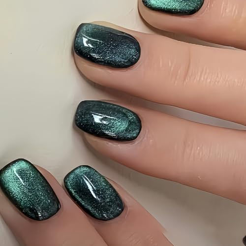 Viugex 24Pcs Press on Nails Short Square, Green Cat Eye French Fake Nails, Glossy Acrylic Full Cover False Nails, Artificial Glue on Nail, Elegant Reusable Stick on Nails for Women Girls Daily Wear