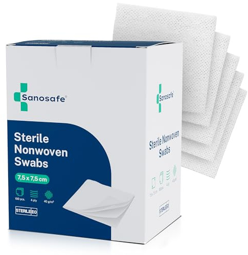Sanosafe Sterile Non-Woven Swabs 7.5x7.5 cm 100 Pieces | Wound Dressing Pads | Soft, Lint-Free & Highly Absorbent