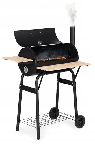 Barbecue a Carbone con Coperchio e Termometro, Griglia di Cottura in Acciaio Inox SS304, Ripiano Frontale e Mensola Inferiore, BBQ Compatto da Giardino con Ruote