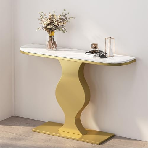 HPIRFYE Table d‘entrée en Pierre frittée, Cadre en Fer forgé Peint à Haute température, Base étendue, Console d’appoint aux Coins arrondis(White+Gold,100cm)