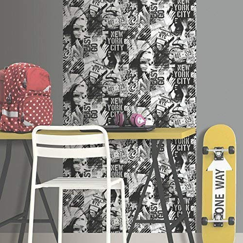 Muriva American Graffiti Pattern Wallpaper Childrens New York Fashion Motif (Black White L06109)