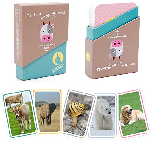 Das Lernspiel ab 1 Jahr von Kakaduu „Meine ersten Worte – Tiere“. 50 Bildkarten zur Sprachförderung (Montessori) mit Fotos von Tieren zur Unterstützung der Sprachentwicklung von Kleinkindern