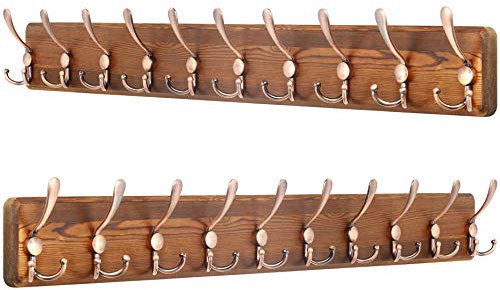 SKOLOO Garderobenleiste Holz, Vintage, Stabile Kleiderhaken Wand mit 10 Dreifachhaken, 2er-Pack, zum Aufhängen von Kleidung, Mantel, Hüten, Jacken, Rucksack, Hakenleiste Holz Antiker auf Braun