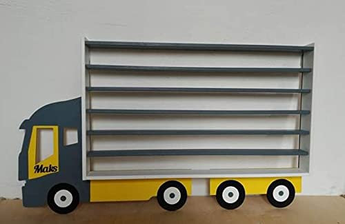 Sanmar Handgearbeitete Aufbewahrung Spielzeug Auto Regal, Holz Streichholzschachtel Auto Regal, LKW-Design, groß, Premium-Qualität, Kinderzimmer Dekor (Grau, Ohne den Namen)