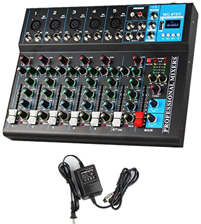 Table de Mixage DJ 7 Canaux, Table Mixage Audio USB Alimentation Fantôme 48V, Console de Mixage d'Enregistrement pour Ordinateur Microphone Lecteur Mélangeur Audio pour Live Studio Scène