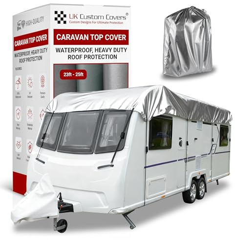 Caravan Roof Cover - Roof Protector With Adjustable Straps, Hooks & Storage Bag, Heavy-Duty, Waterproof, UV-Resistant Breathable 150D for All-Weather Use by UK Custom Covers (23–25ft, Silver)