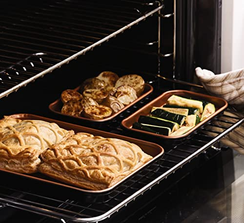 Cera Titanware One Shelf Baking Tray Set – 1 Large 18 x 24cm & 2 Small 9.8 x 16cm Carbon Steel Stackable Oven Trays with Non-Stick Coating – Copper Coloured Cooking Set