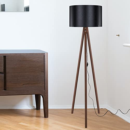 Lampadaire Trépied Design Lampe sur Pied MDF PVC Textile Douille E27 Hauteur 136 cm Effet Noyer Noir