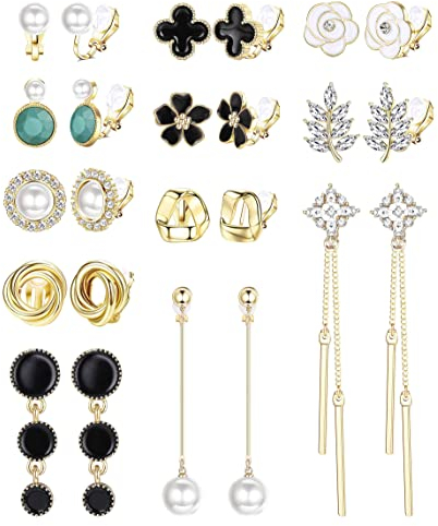 CASSIECA 12 Paar Clip Ohrringe für Damen Mädchen Gold Nicht Durchbohrt Klips Kubischer Zirkon Ohrstecker Ohrringe Perlen Blumen Hypoallergen Ohrringe Hochzeit Set