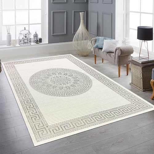 Teppich-Traum Wohnzimmer Schlafzimmer Teppich Kurzflor Designerteppich Orient modern edel elegant glänzend Creme grau 120x170 cm