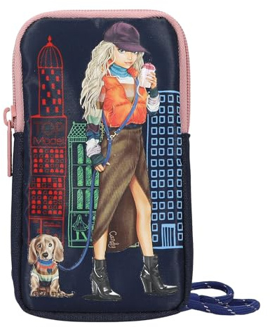Depesche 12619 TOPModel City Girls - Handytasche zum Umhängen in Dunkelblau mit Model-Motiv, Smartphone Tasche mit Reißverschluss und Trage-Schlaufe