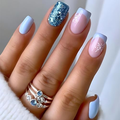 Faux Ongles Court MouyouGlow,Carré Baby Bleu Paillettes Flocon de Neige Le jour de Noël Press on Nails avec Colle à Ongles,L'hiver Christmas Fake Nails