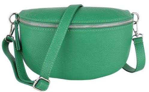 MIRROSI® Bauchtasche Damen, Made in Italy, Echtleder Umhängetasche Echtes Leder, Brusttasche, Crossbody Bag aus Echtem Leder, in 3 Größen erhältlich (Grün Silberner Reißverschluss) (Gr.M)