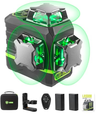 LasGoo Livella Laser Autolivellante 360°x3 Laser a Linea Incrociata Verde per Costruzioni e Appendere Quadri, Telecomando, Supporto Professionale Magnetico Rotante, 2 Batterie Ricaricabili - LG-3Ds