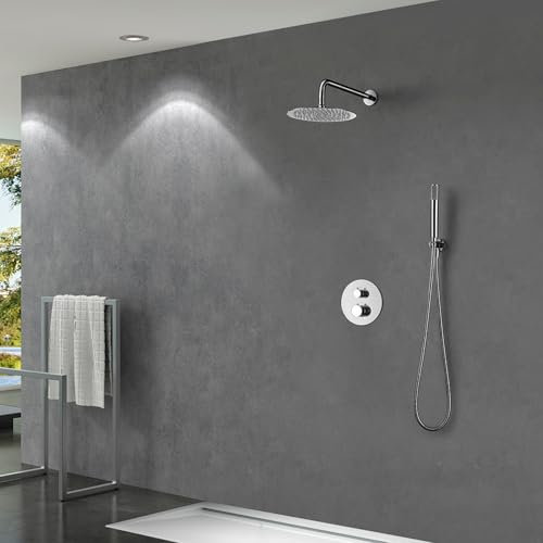 IMEX - Ducha Empotrada Termostática Cromada | Kit de Grifería Empotrado con Alcachofa y Rociador Antical Efecto Lluvia | Columna Ducha Empotrada con Grifo en Latón y Acero Inox S.304 | Serie Line