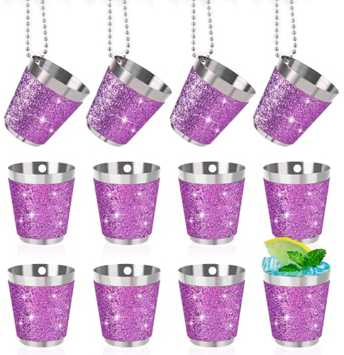 IMPPTE 12 Stück Edelstahl Schnapsgläser mit Kette Schnapsglas 30ml Lila Shot Becher Metall zum Umhängen für Junggesellenabschiede Hochzeit Karneval Weinprobe Party