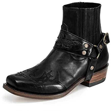 ottspu Cowboy Boots for Men Booties Ankle Cowboy Western Boots Stitched Embroidered Squared Toe Short Chunky Classic,Black,6 UK