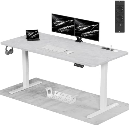 Airfish Höhenverstellbarer Schreibtisch 160x80cm mit Steckdose | Computertisch Elektrisch Stehtisch mit Euro-Steckdosen & 4-Funktions-Memory und Funktion zur Ermüdungs-Erinnerung, Grau