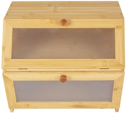 CHZIMADE Double Decker Bamboo Bread Bin 2-Layer Bread Box Large Capacity Bins with Clear Windows for Kitchen Storage