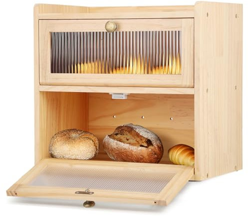 Wooden Bread Bin with 2 Levels for Kitchen Countertop, Large Bread Box Bread Storage Container with Wood Handle Clear Windows Keep Fresh Bread, Breadbox Storage for Bread, Coffee, Spices (3)