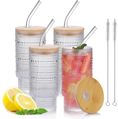 Salpae Glass Cups with Lids and Straws, 4 Pack 16 oz Hobnail Iced Coffee Cups with Bamboo Lids, Vintage Borosilicate Glass Tumblers for Water, Juice, Smoothies and Matcha