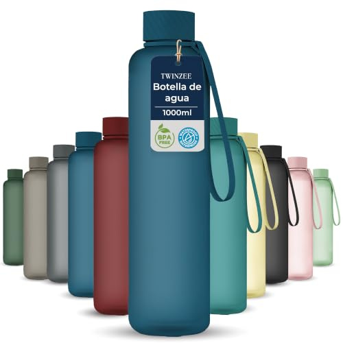 Twinzee Botella Agua 1 litro - Sin BPA & Antigoteo, Botella de Agua Deportiva, Oficina, Colegio, Gym, Cantimplora - Tritan Water Bottle, Azul Oscuro