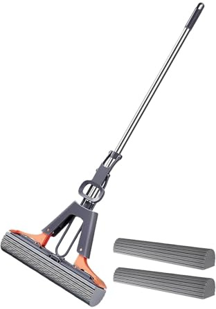 Folding Sponge Mop with 2 Sponge Head Refills, Heavy Duty Stain Removal, Squeeze Roller Mop, Floor Cleaning Squeeze for Living Room Bathroom Bedroom Dining Room Dorm Apartment