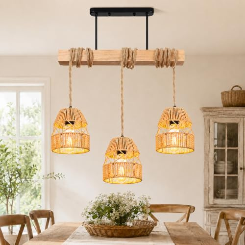 IRONDELIC Pendelleuchte Esstisch Rattan 3-Flammig E27, Hängelampe Holz Boho Einstellbarer Winkel, Deckenlampe Boho Vintage Esstischlampe Hängend für Kücheninsel Wohnzimmer Esszimmer Landhausstil