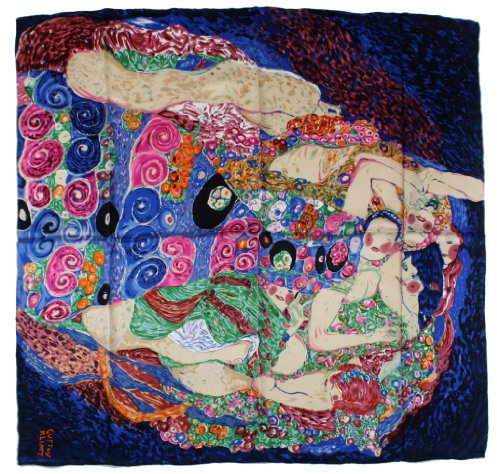 Nella-Mode bezauberndes SEIDENTUCH Seidenschal nach Gustav Klimt Die Jungfrau (blau) Schal Tuch 100% Seide Kunstdruck Jugendstil Malerei 85x85 cm