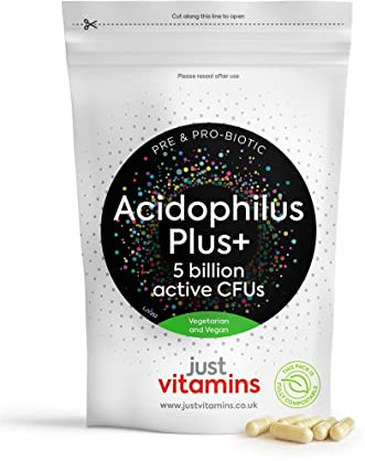Acidophilus Plus Pre & Probiotic Complex | 5 Billion Non-Dairy CFU | 90 Vegan Capsules | High Strength Digestive & Gut Support Supplement | UK Made - Just Vitamins