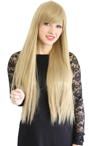 Prettyland Damen Blond Langhaar-Perücke Glatte Volumen lange Perücke mit Pony Wig für Halloween Cosplay C1883