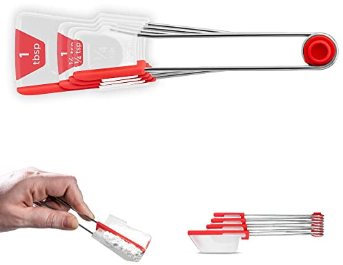 Dreamfarm - Levoons Self-Leveling Measuring Spoons Set for Kitchen and Baking - Fire Truck Red | Squeeze to level quarter, half, 1 teaspoon and 1 tablespoon with metric and imperial measurements, snap together for storage