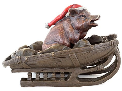 Kunst & Ambiente - Handbemalte Wiener Bronze - Santa Pig - Schwein auf Schlitten mit Mütze - zweiteilig - handbemalt - Vienna Bronze - Dekofigur - Weihnachtsbronze