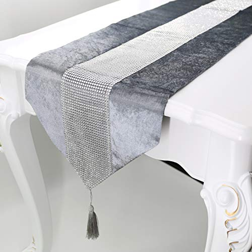 Deggodech Luxus Samt stilvolle atmosphäre minimalistischen modernen Diamanten Tischläufer/Tischdecke Couchtisch Tuch und Zwei Quasten (32 x 185 cm) (Silber)