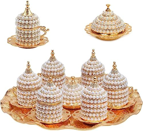 Alisveristime 27 Pc Ottoman Turkish Greek Arabic Coffee Espresso Serving Set with Pearl Embellishments, Saucer and Sugar Dish (Gold)