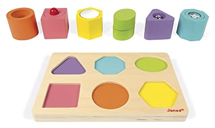 Janod - I Wood Sensorik-Puzzle aus Holz mit 6 Steinen, Lernspielzeug, zum Erlernen von Formen und Farben, Farbe auf Wasserbasis, FSC-zertifiziert, ab 1 Jahr, J05332