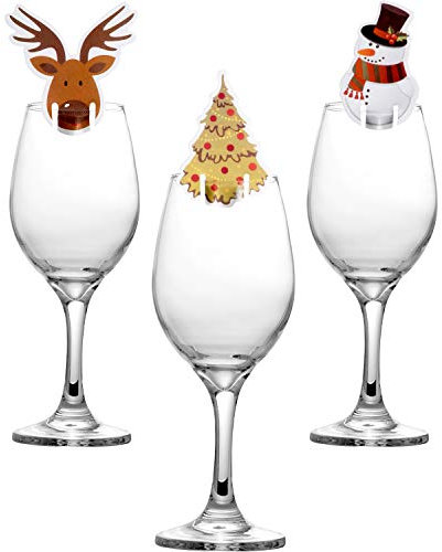 Hicarer 30 Stücke Weihnachten Weinglas Dekorationen Cup Karten Tischdekoration für Party Lieferungen (Schneemann, Elch und Weihnachtsbaum)