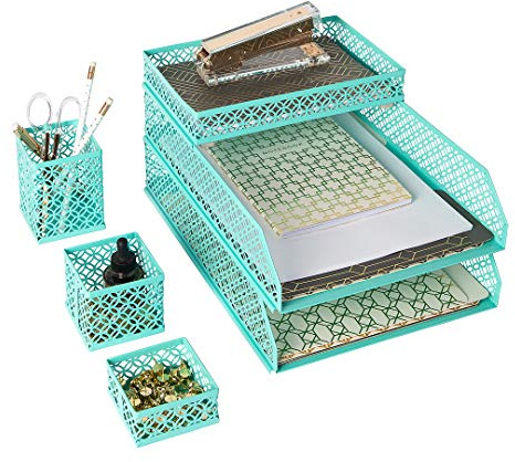 BLU MONACO Aqua Desk Organizer Set for Women – 6-Piece Interlocking Office Supplies Set, Pen Cup, 3 Accessory Trays & 2 Letter Trays, Rose Gold Paper Tray Holder
