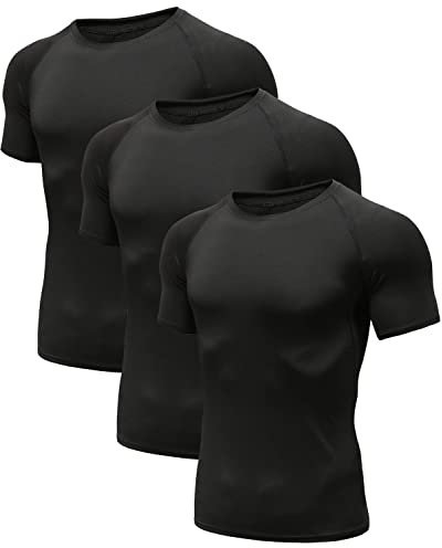 Men's (Pack of 3) Cool Dry Compression Short Sleeve Sports Baselayer T-Shirts Tops Black 01-S