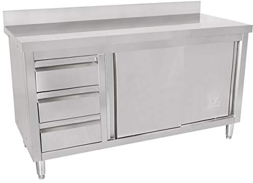 Beeketal 'BAS140-70L' Gastro Edelstahl Küchenschrank mit 3 Schubladen (links), 2 Rolltüren und 4 verstellbaren Standfüßen, Küchen Arbeitsplatte mit 10 cm Aufkantung - (L/B/H) ca. 1400 x 700 x 950 mm