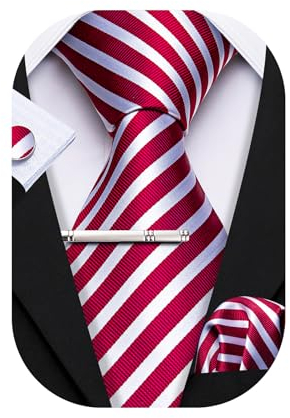 Barry.Wang Herren Seide Rot und Weiß Streifen Krawatte Manschettenknöpfe und Einstecktuch Set für Hochzeit