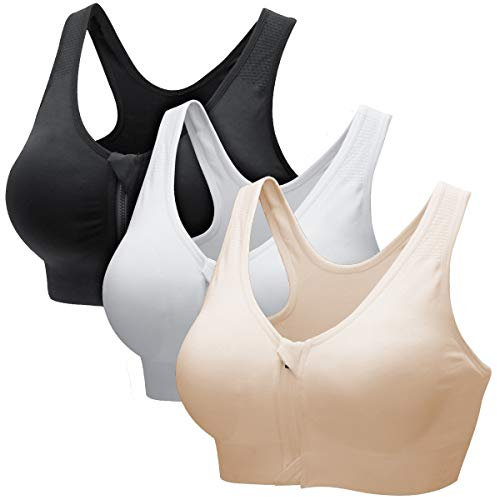 CARETOO Damen Sport BH Stark Halt Active Bra Höhe Beanspruchung Trainieren Bustier Fuer Yoga Fitness - Mit Reißverschluss Schwarz + Weiß + Beige, XXL