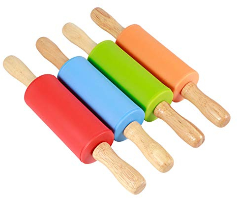 4 Uds De rodillos, Mini mango de madera, rodillos de silicona antiadherentes para el hogar, cocina, herramienta para hornear para niños