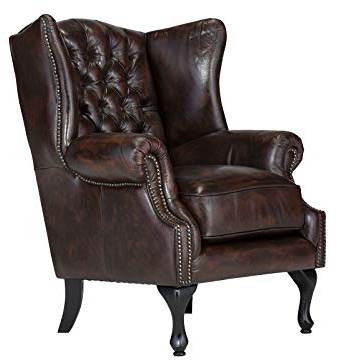 Woodkings® Chesterfield Ohrensessel Pittsfield Sessel antik braun Echtleder Bürosessel Lesesessel Polstermöbel Designsessel Federkern Unikat Herrenzimmer englisches Leder Stilsessel