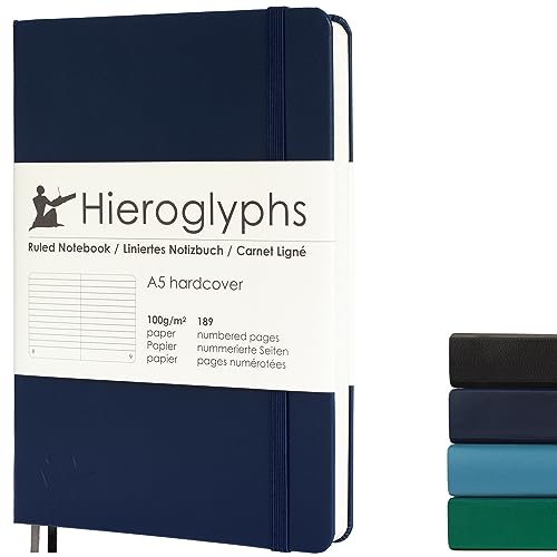 Hieroglyphs Notizbuch A5 mit Hardcover, 189 Nummerierten Seiten, 3 Farben, Organisationsregister, Tasche, Elastikverschluss, 2 Lesezeichen, Dunkelblau