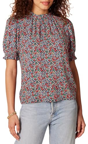 Amazon Essentials Damen Hemd Aus Fluid Twill Mit Kurzen Puffärmeln Und Smockdetails, Marineblau Multi Ditsey Wiese, XL